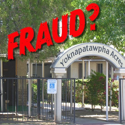 Photo of the Yoknapatawpha Acres entrance with 'Fraud?' headline